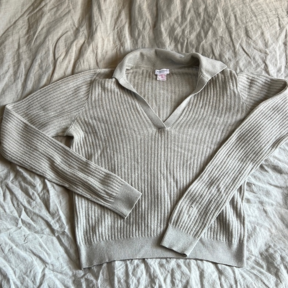 Club Monaco | Ribbed Grey Cashmere Polo Sweater